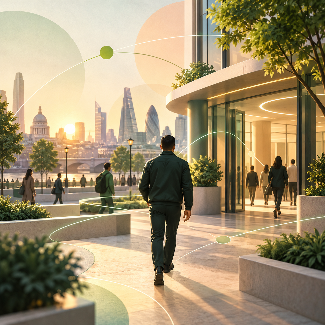 Illustrative city scene of a security professional walking towards a building at sunrise