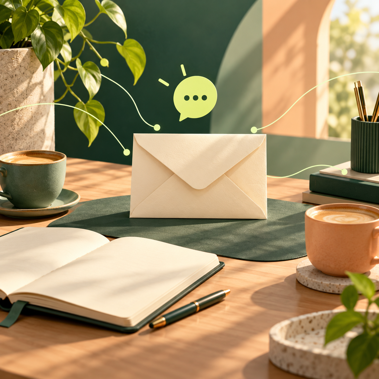 Illustration of an envelope and conversation symbol on a sunlit desk