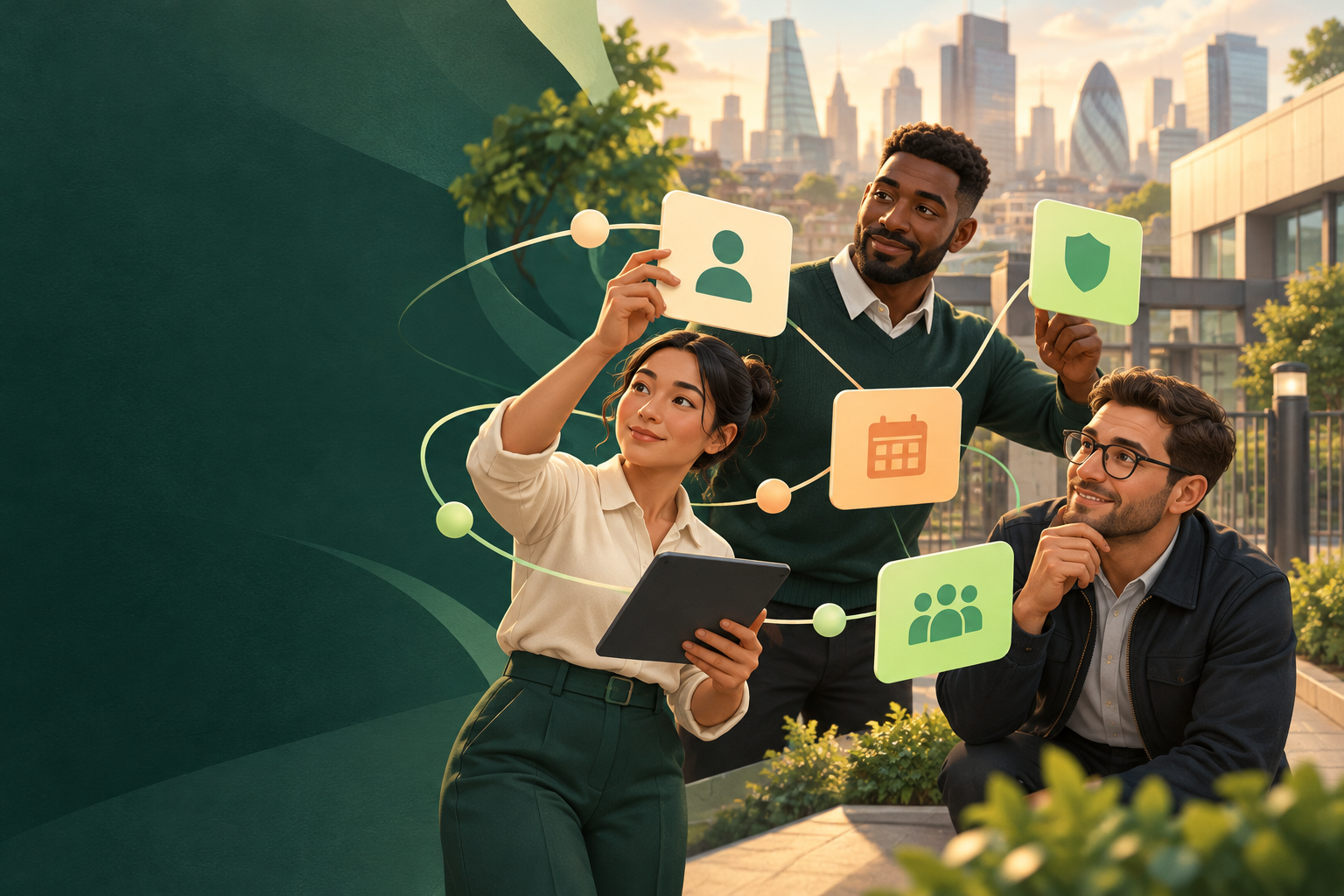 Illustration of three people connecting workforce planning ideas against a city backdrop