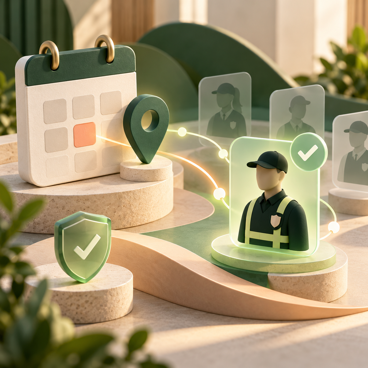 Concept illustration of a calendar, site marker and prepared security worker linked in a workflow